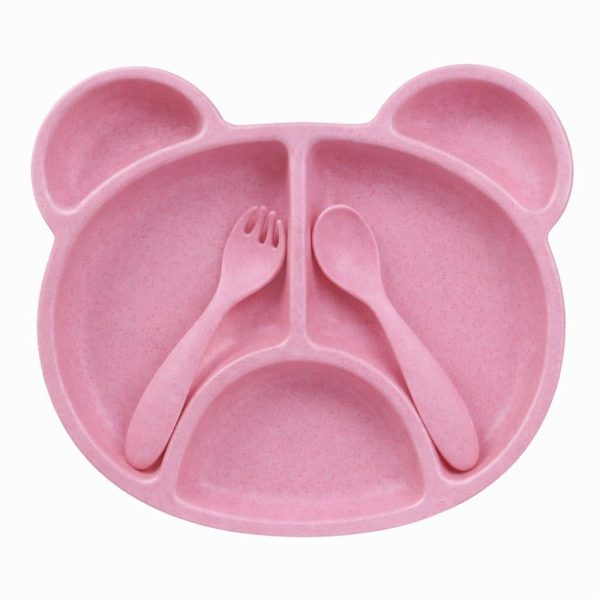 Prato Infantil com Divisórias e Talheres - Urso Rosa