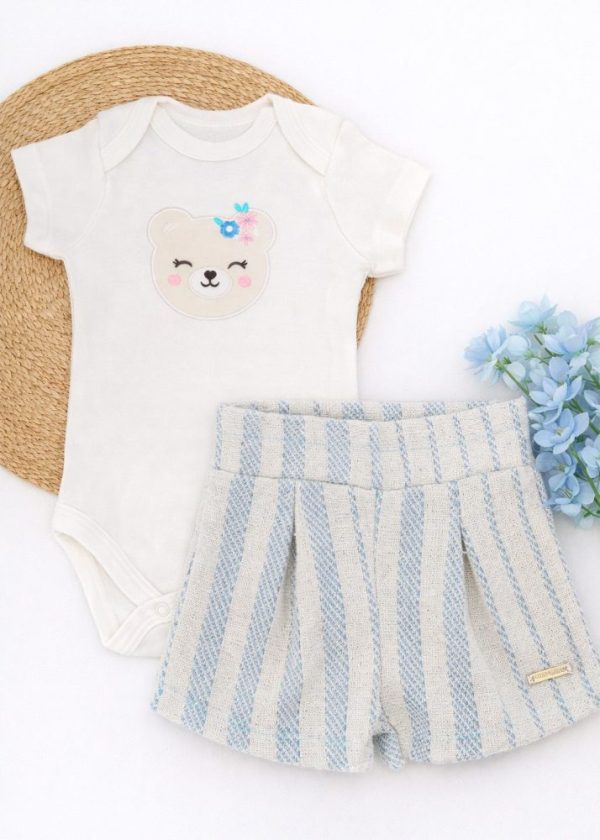 Conjunto Body Bordado Urso e Shorts Listrado Azul Bebê Iase