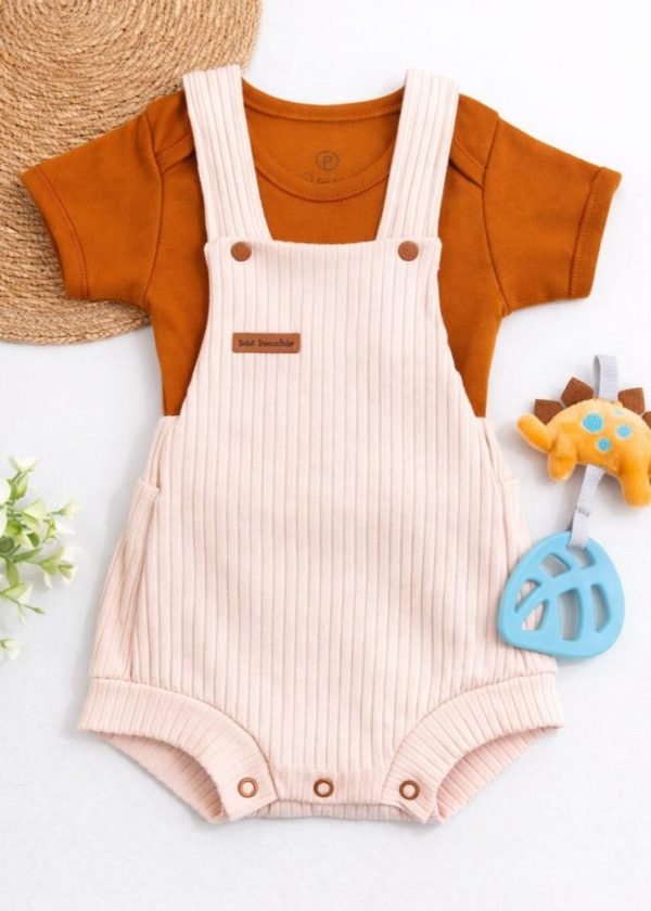 Conjunto Bebê Romper Canelado com Body Caramelo