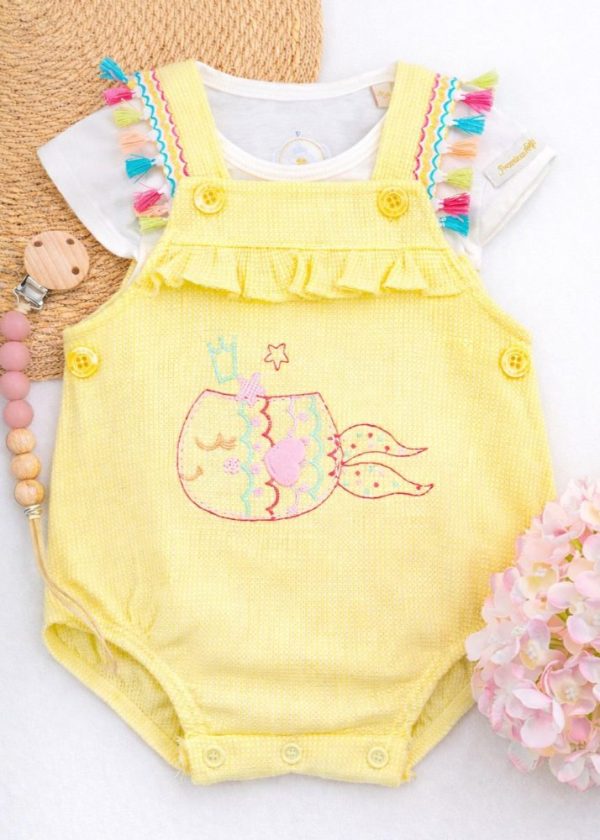 Conjunto Romper Bebê Amarelo Com Bordado Peixe