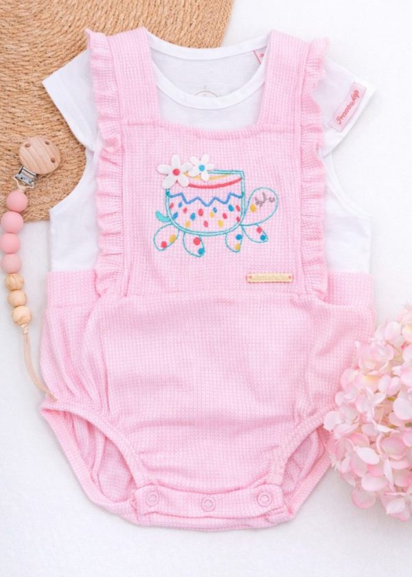 Conjunto Romper Bebê Rosa Com Bordado Tartaruga