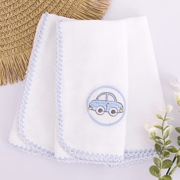 Kit Fralda de Boca Premium Bordada - Carrinho Azul