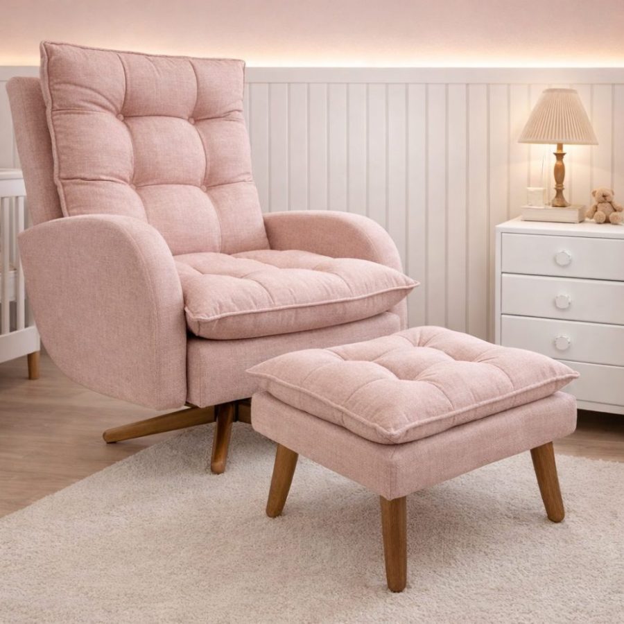 Poltrona Amamentação Clarice Balanço e Giro com Puff Linho