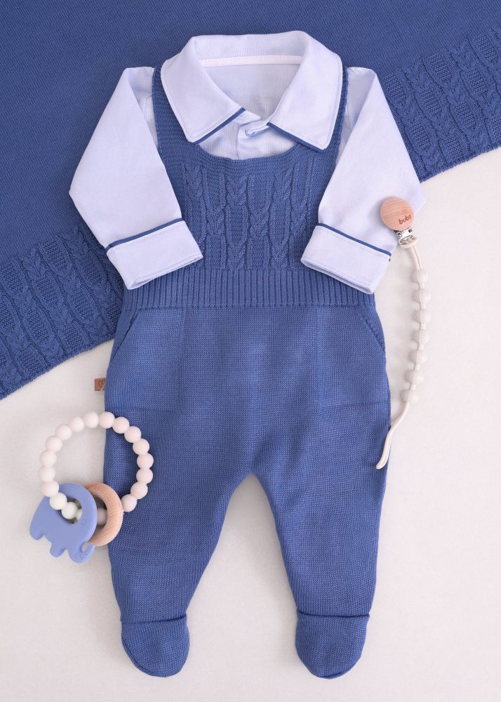 Saída Maternidade RN Azul Denim com Jardineira, Body e Manta