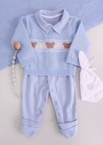 Saída Maternidade RN Azul com Blusa Tricô, Macacão Algodão e Manta