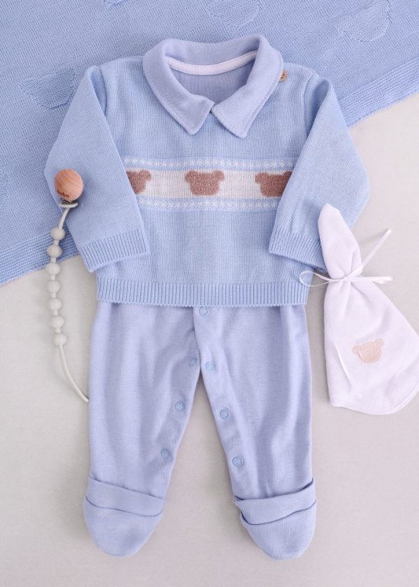 Saída Maternidade RN Azul com Blusa Tricô, Macacão Algodão e Manta