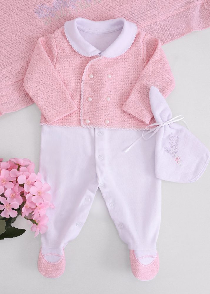 Saída Maternidade RN Rose com Blusa Tricô, Macacão Algodão e Manta