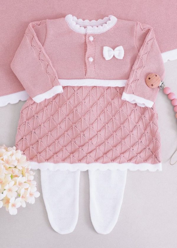 Saída Maternidade RN Rose em Tricô com Vestido, Calça e Manta