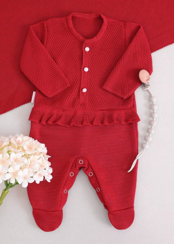 Saída Maternidade RN Vermelha em Tricô com Macacão e Manta