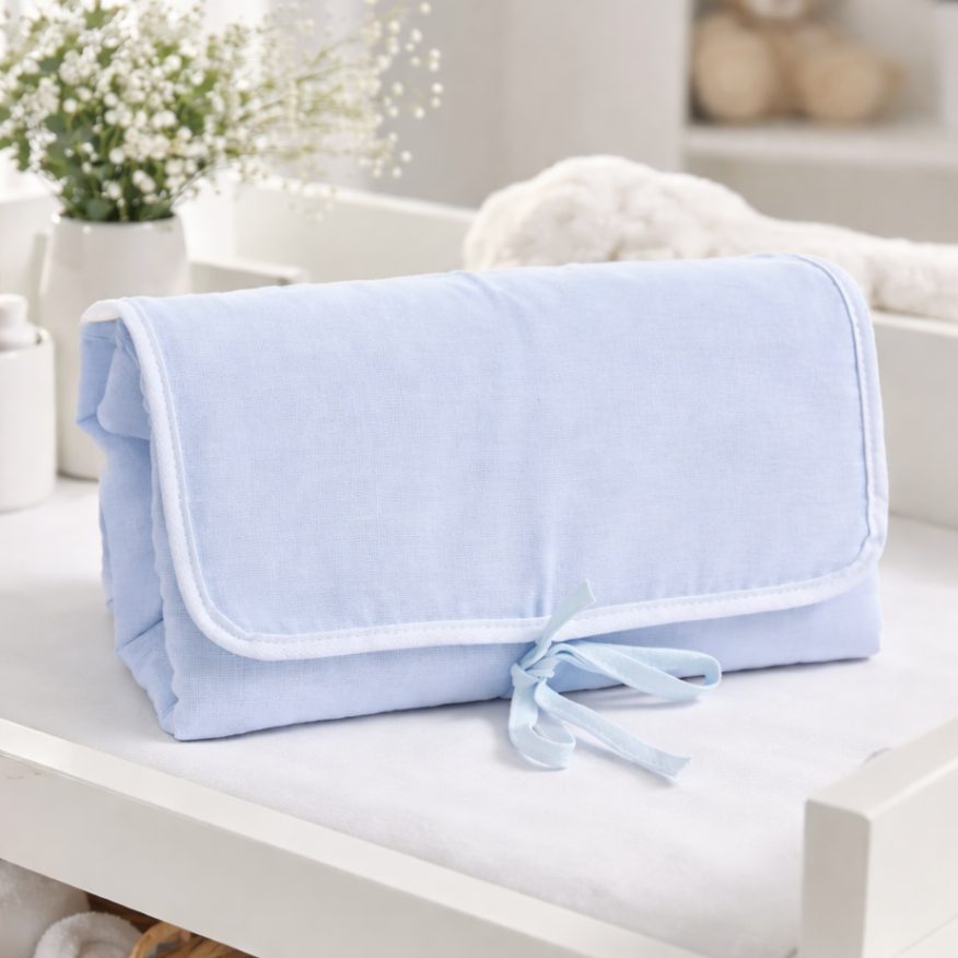 Trocador Portátil Bebê Impermeável em Algodão Azul