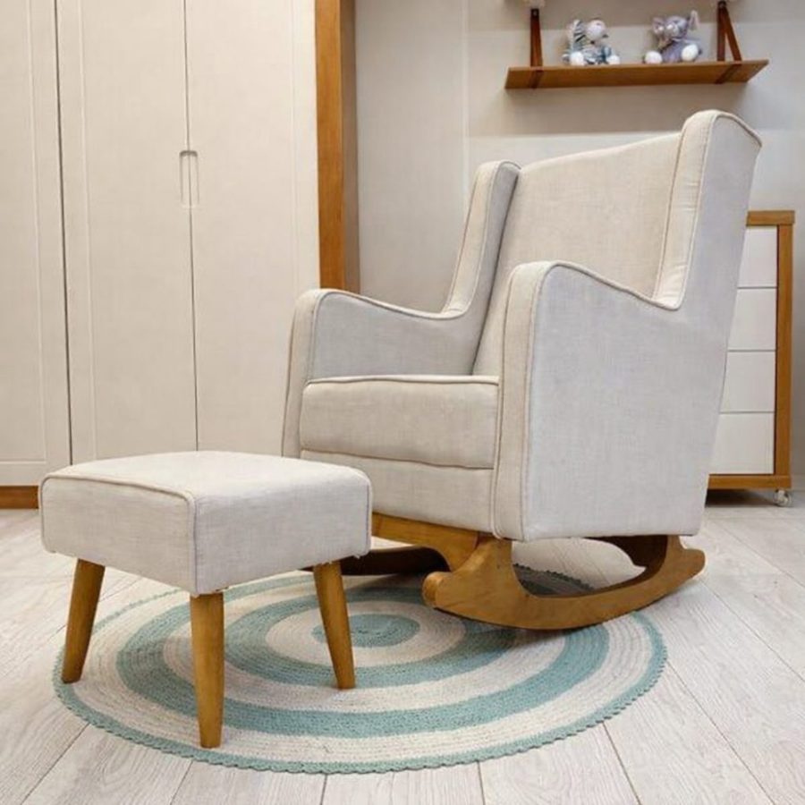 poltrona de amamentação luna com balanço e puff linho bege