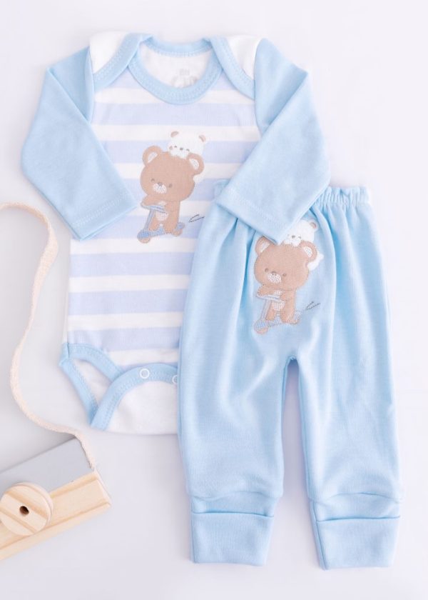 Conjunto Azul Bebê Urso Amigo Bordado em Suedine