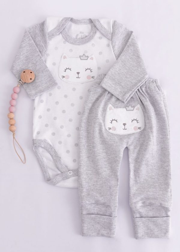 Conjunto Mescla Bebê Gatinha Bordada em Suedine