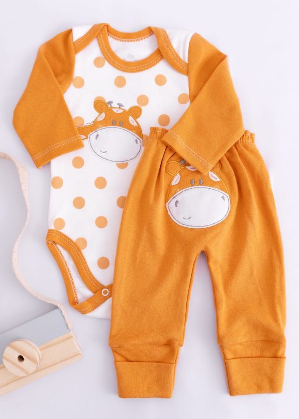 Conjunto Laranja Bebê Girafa Bordada em Suedine