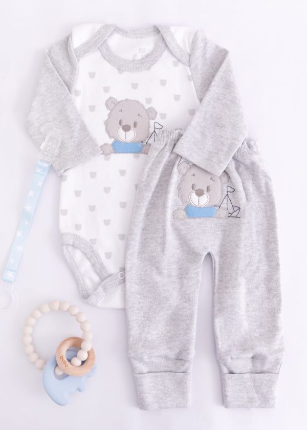 Conjunto Mescla Bebê Urso Náutico Bordado em Suedine