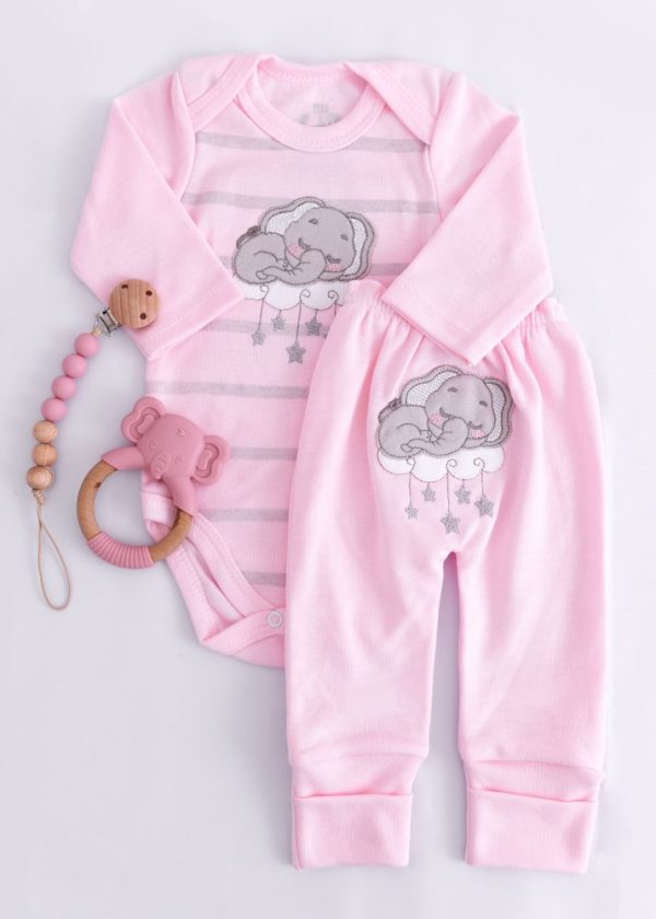 Conjunto Rosa Bebê Elefantinha Bordada em Suedine