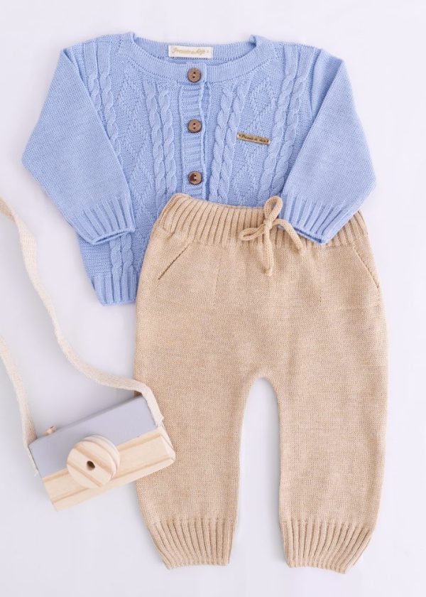 Conjunto de Tricô Bebê Candigan Azul com Calça Bege