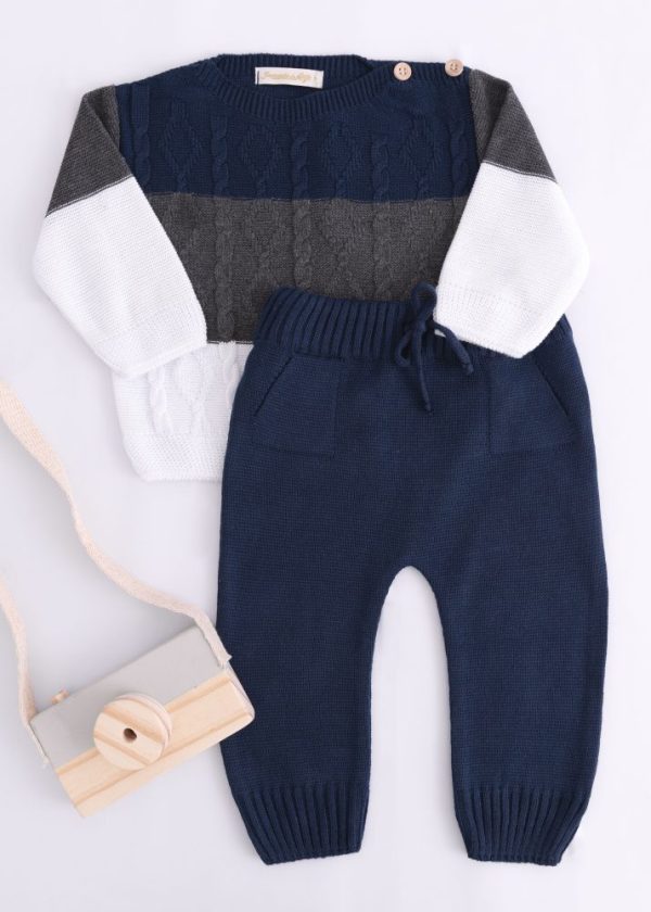 Conjunto de Tricô Bebê Casaco Listrado Com Calça Marinho
