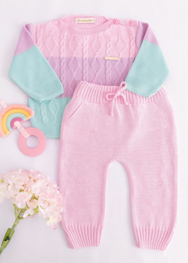 Conjunto de Tricô Bebê Casaco Listrado Com Calça Rosa