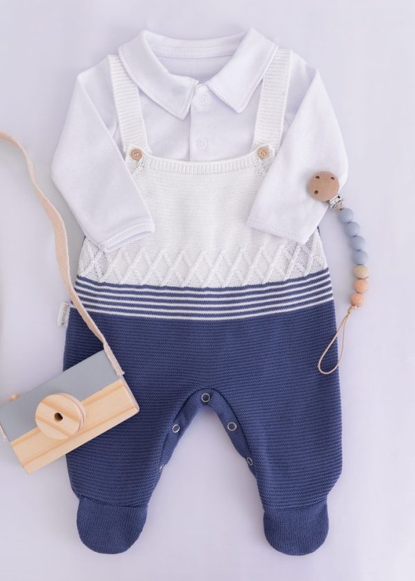 Jardineira em Tricô para Bebê Marinho com Body Manga Longa