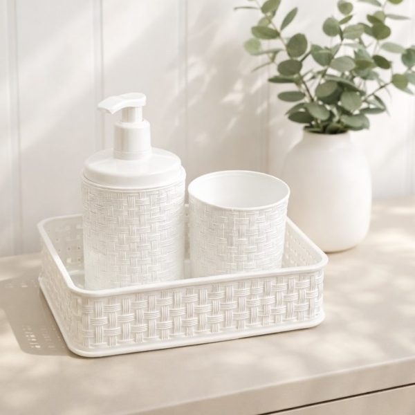 Kit 3 em 1 Porta Algodão, Sabonete Líquido e Cesta