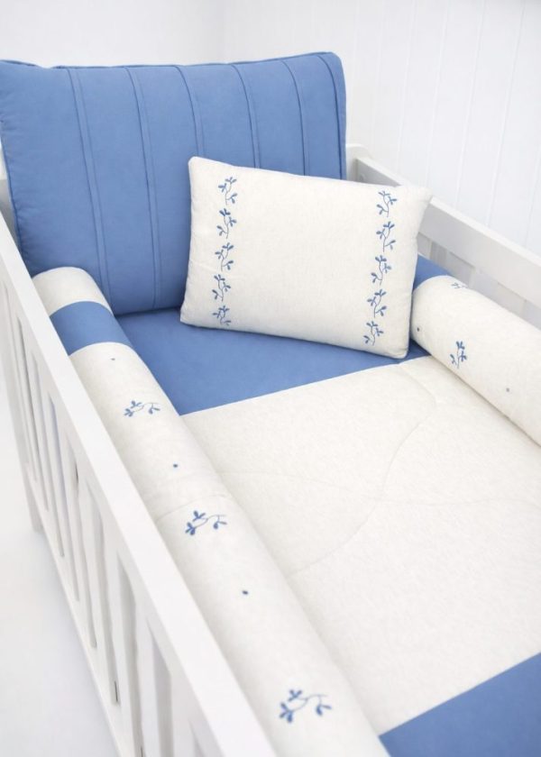 Kit Berço Pérola Com Bordado Ramos 9 peças - Azul Clássico