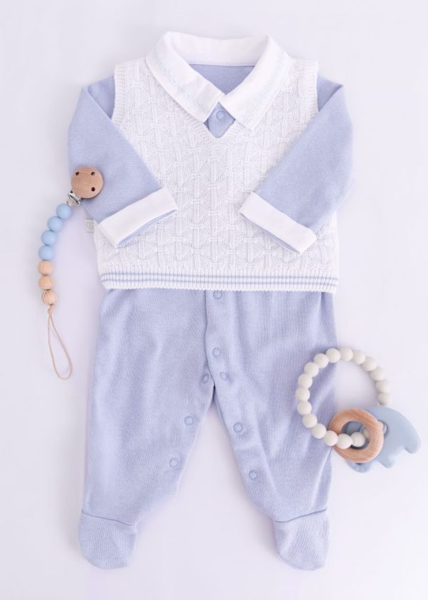 Macacão Bebê Suedine Azul com ColeteTricô Sobreposto