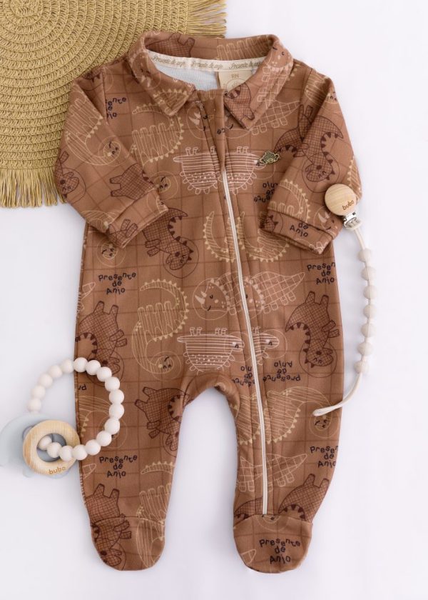Macacão Soft Bebê Estampado Mundo Dino Marrom com Zíper