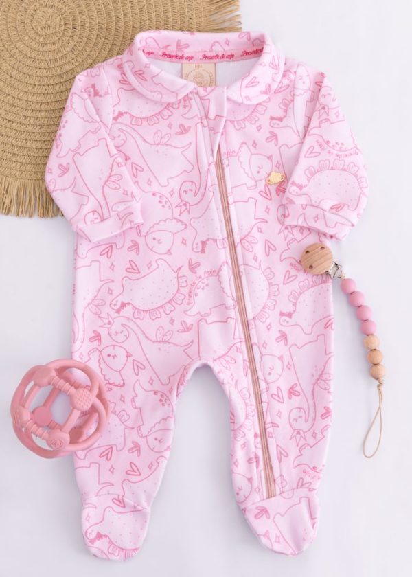 Macacão Soft Bebê Estampado Mundo Dino Rosa com Zíper