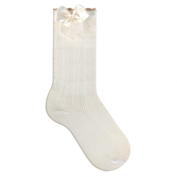 Meia Festa 3/4 Para Bebê Com Laço Cetin Off White