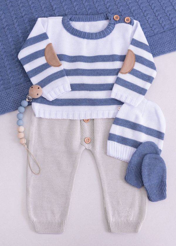 Saída Maternidade Bebê em Tricô Listrado Azul Jeans - 5 peças