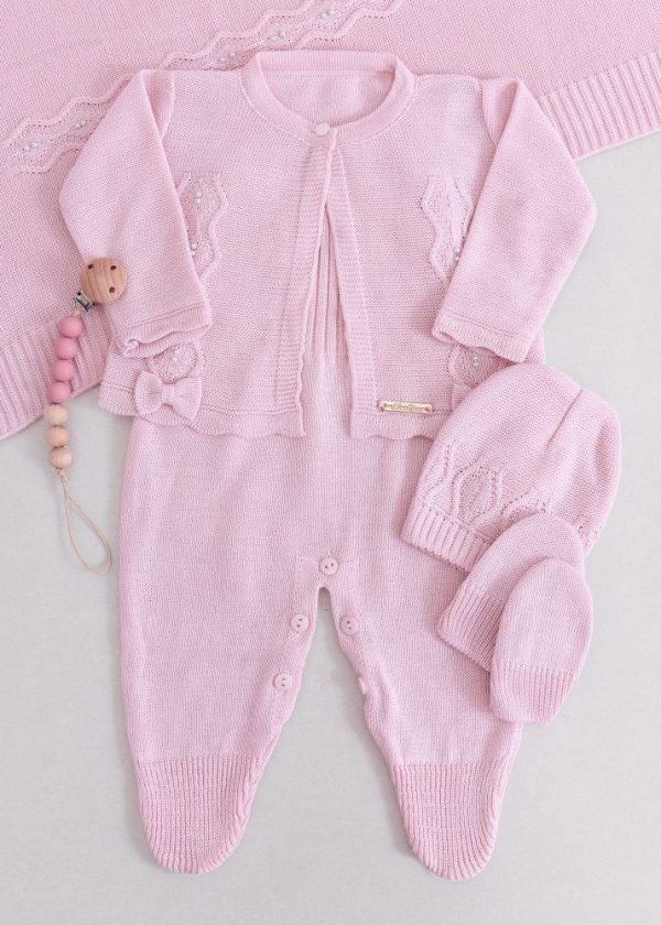 Saída Maternidade Bebê em Tricô Rosa - 5 peças