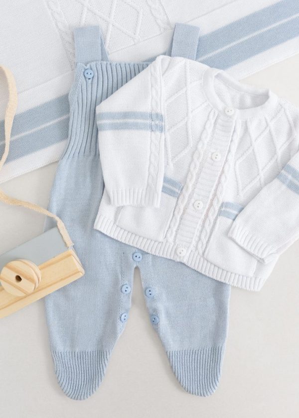 Saída Maternidade Branco e Azul com Jardineira, Casaco e Manta