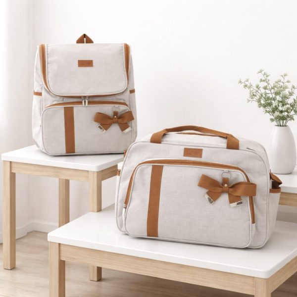 Kit Bolsa Maternidade e Mochila Linho Bege com Caramelo