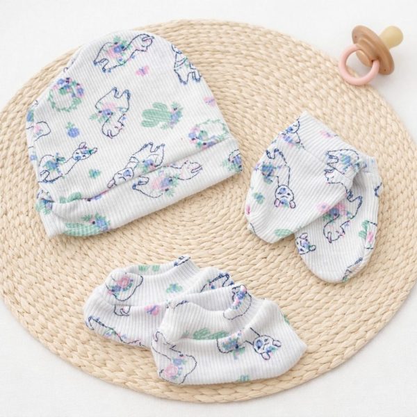 Kit Maternidade Canelado Lhama Touca Luva e Sapatinho