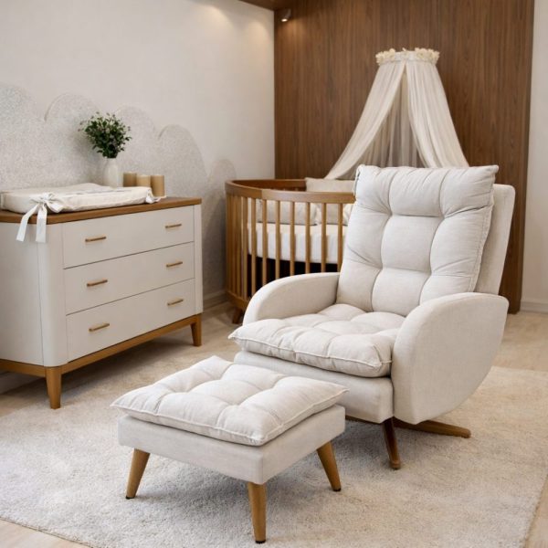 Poltrona Amamentação Clarice Balanço e Giro com Puff - Linho