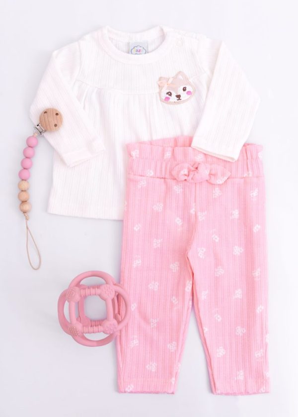 Conjunto Bebê Blusa Com Bordado Raposa e Calça Rosa Floral