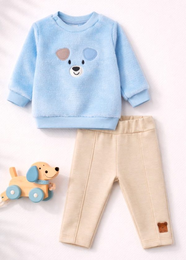 Conjunto Bebê Blusão Peluciado Com Bordado Dog e Calça Bege