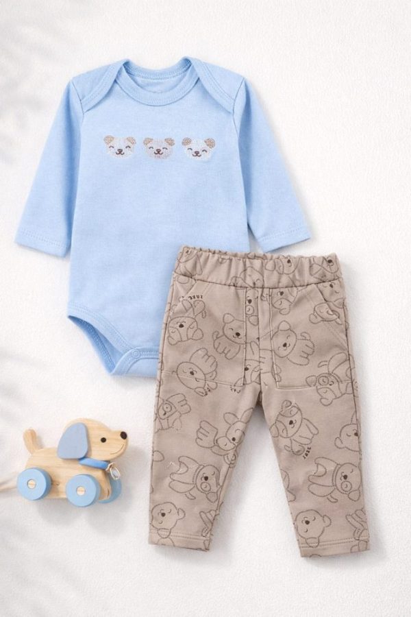 Conjunto Bebê Body Azul Bordado Cachorrinhos Com Calça Bege