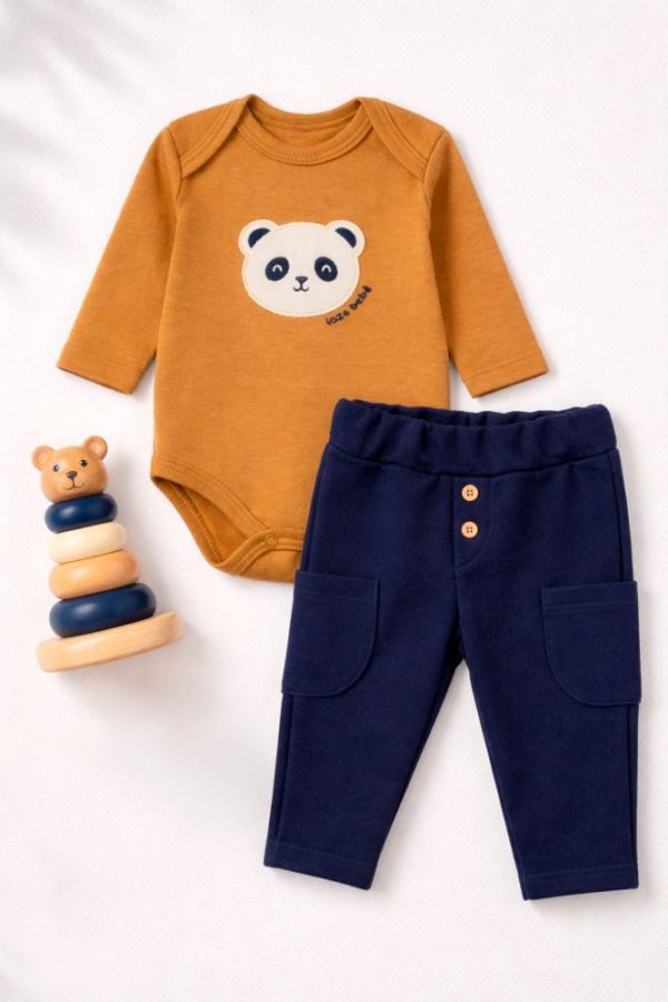 Conjunto Bebê Body Caramelo Com Bordado Panda e Calça Marinho