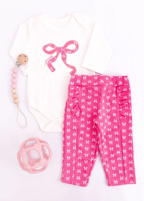 Conjunto Bebê Body Com Bordado Laço e Calça Rosa