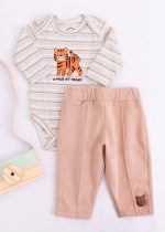 Conjunto Bebê Body Listrado Com Bordado Tigre e Calça Veludo