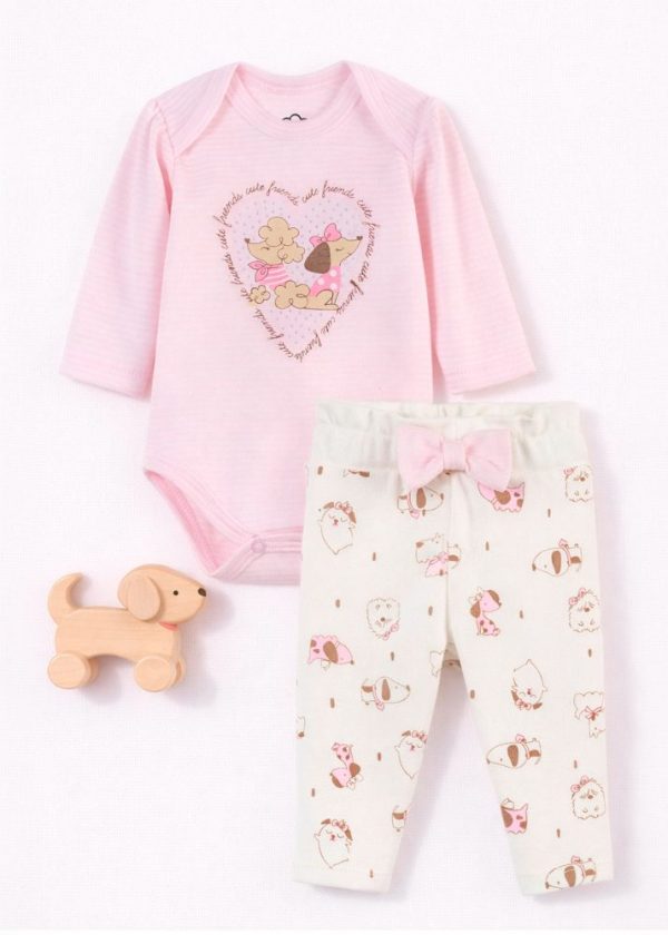 Conjunto Bebê Body Listras Com Strass Love Dog Friend e Calça