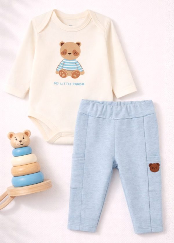 Conjunto Bebê Body My Little Panda e Calça Linho Azul
