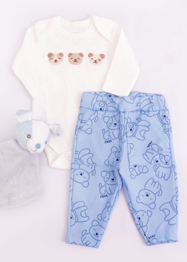 Conjunto Bebê Body Off Bordado Cachorrinhos Com Calça Azul