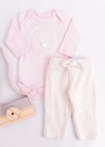 Conjunto Bebê Body Rosa Com Bordado Teddy Bear e Calça Veludo