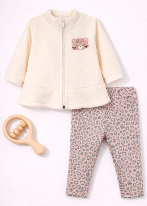 Conjunto Bebê Casaco Leopardo de Zíper Com Calça Animal Print