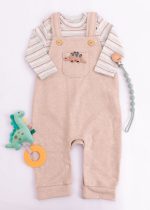 Conjunto Jardineira Botonê Dino Com Blusa Listrada em Algodão