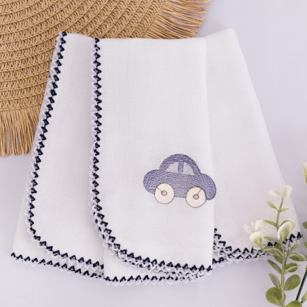 Kit Fralda de Boca Premium Bordada - Carrinho Marinho