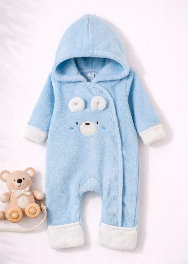 Macacão Bebê Peluciado Com Bordado Urso e Zíper Frontal